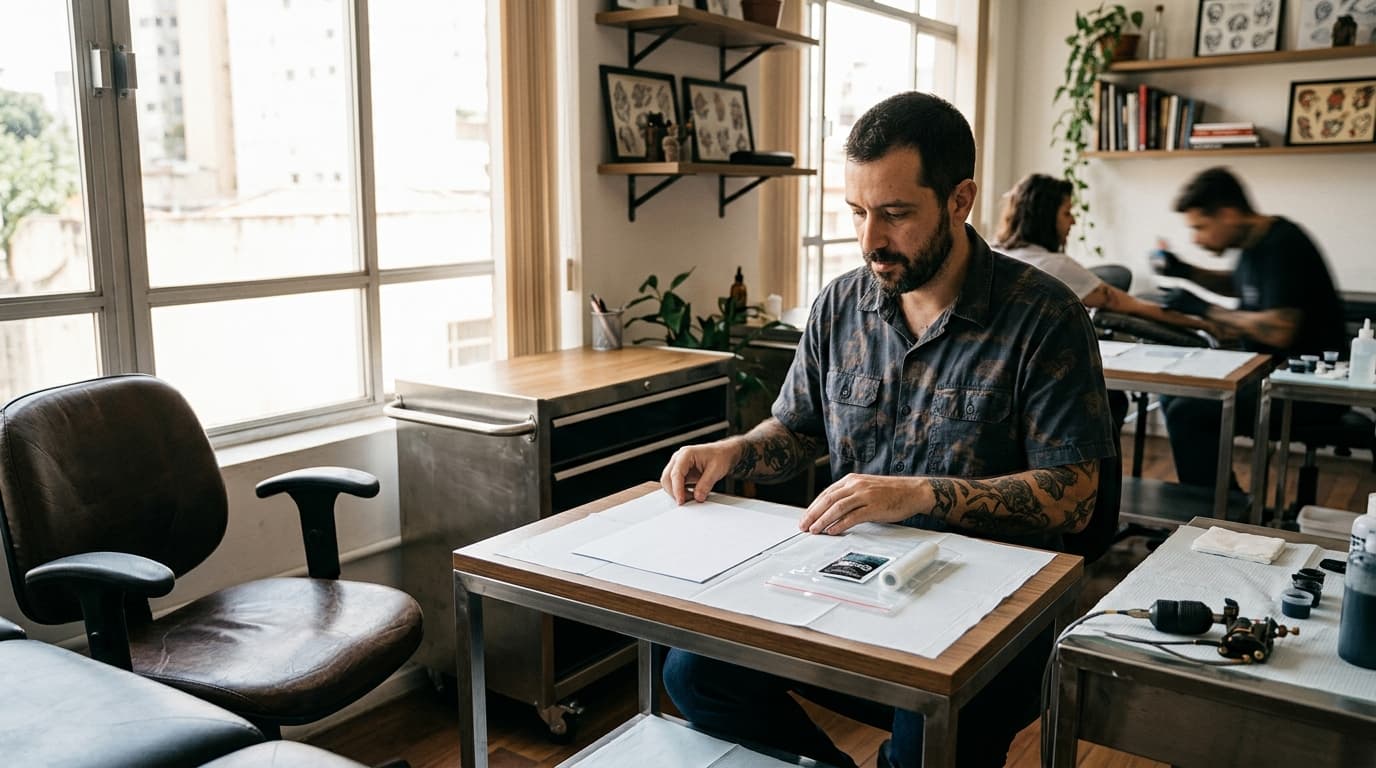 Orientação pós tatuagem estúdio: folha e kit